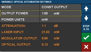 Modulator Bias Controller Variable Optical Attenuator Settings Screen