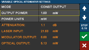 E-O Converter Variable Optical Attenuator Settings Screen